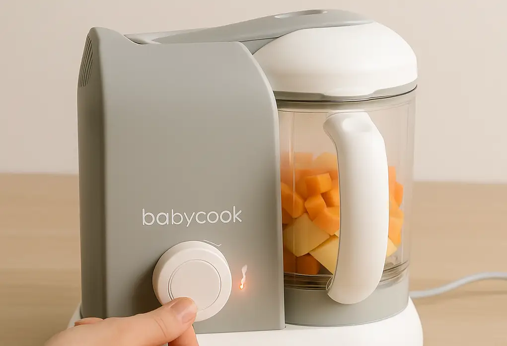 Gros plan d’un babycooker gris et blanc posé sur un plan de travail en bois clair, contenant des légumes coupés en dés dans le bol transparent, avec une main tournant le bouton de cuisson situé sur l’avant de l’appareil.