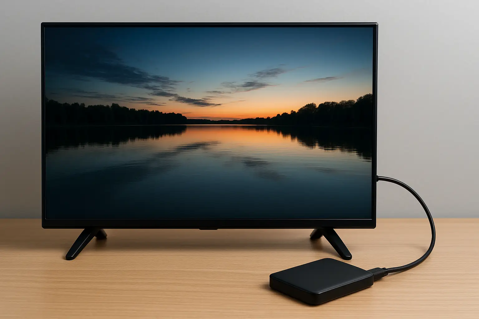 Téléviseur à écran plat posé sur une table en bois clair, affichant une image de coucher de soleil sur un lac, avec un disque dur externe noir connecté via un câble USB.