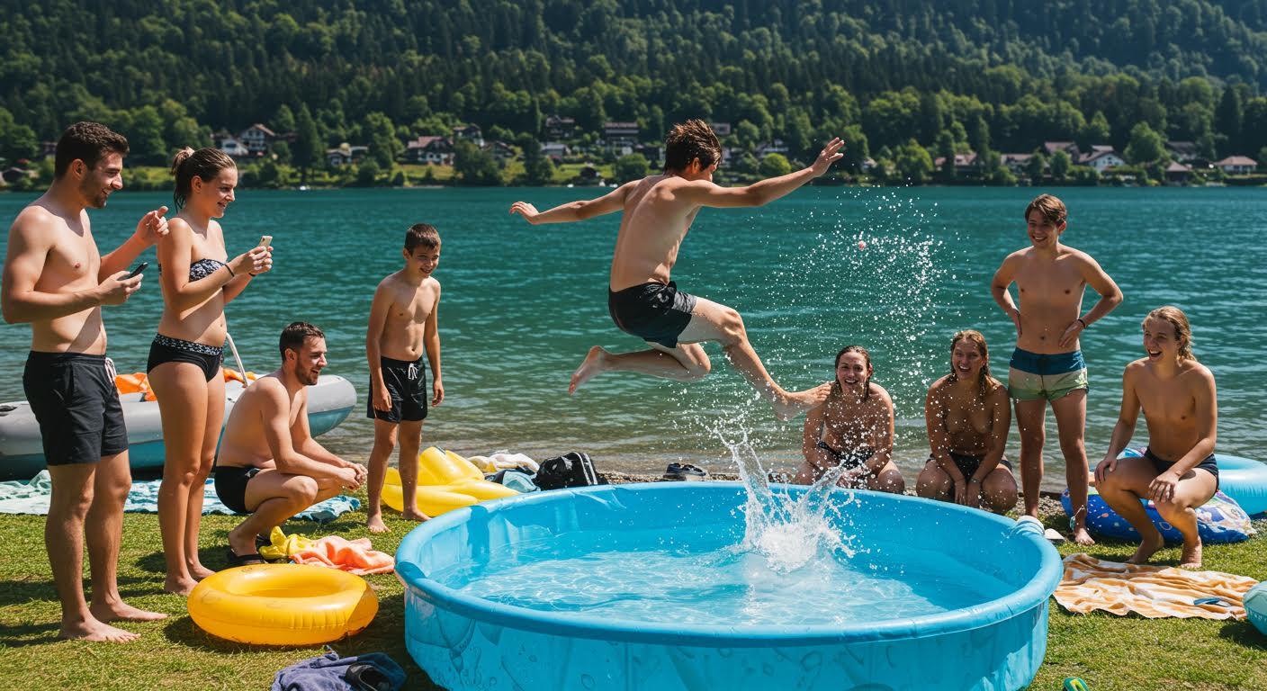Jeune homme sautant dans une piscine gonflable au bord d'un lac, entouré d'amis riant.