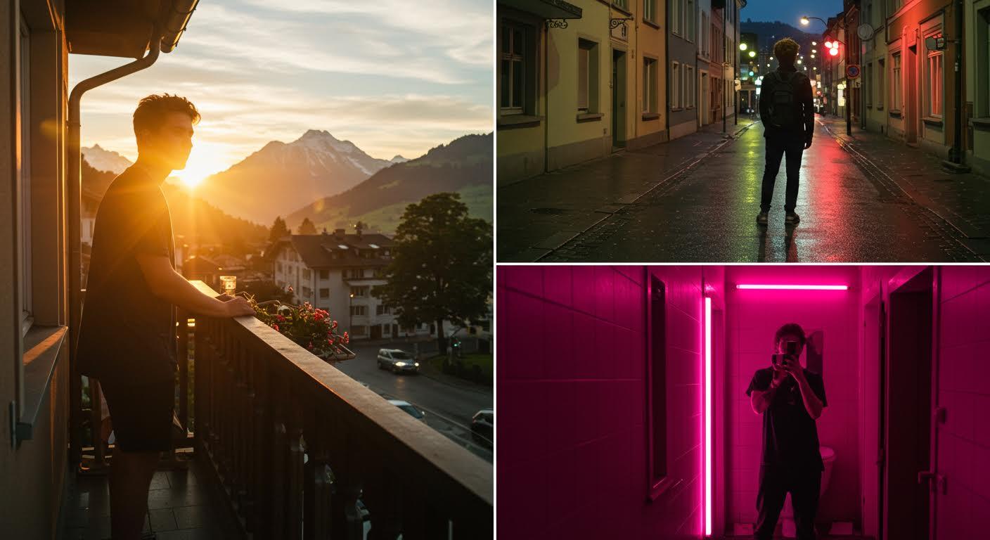 Homme regardant le coucher de soleil depuis un balcon avec vue sur des montagnes.