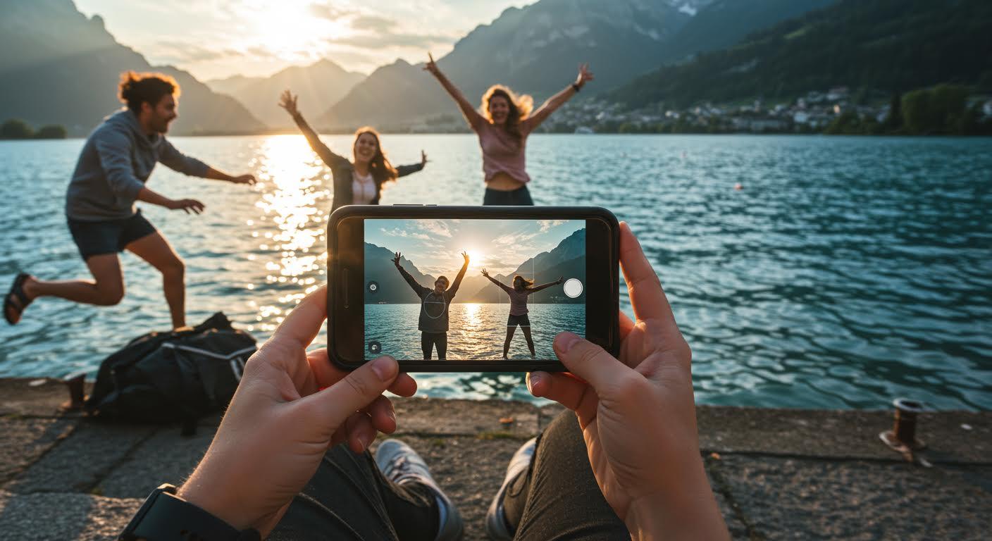 Smartphone capturant des amis sautant de joie devant un lac de montagne au coucher du soleil.