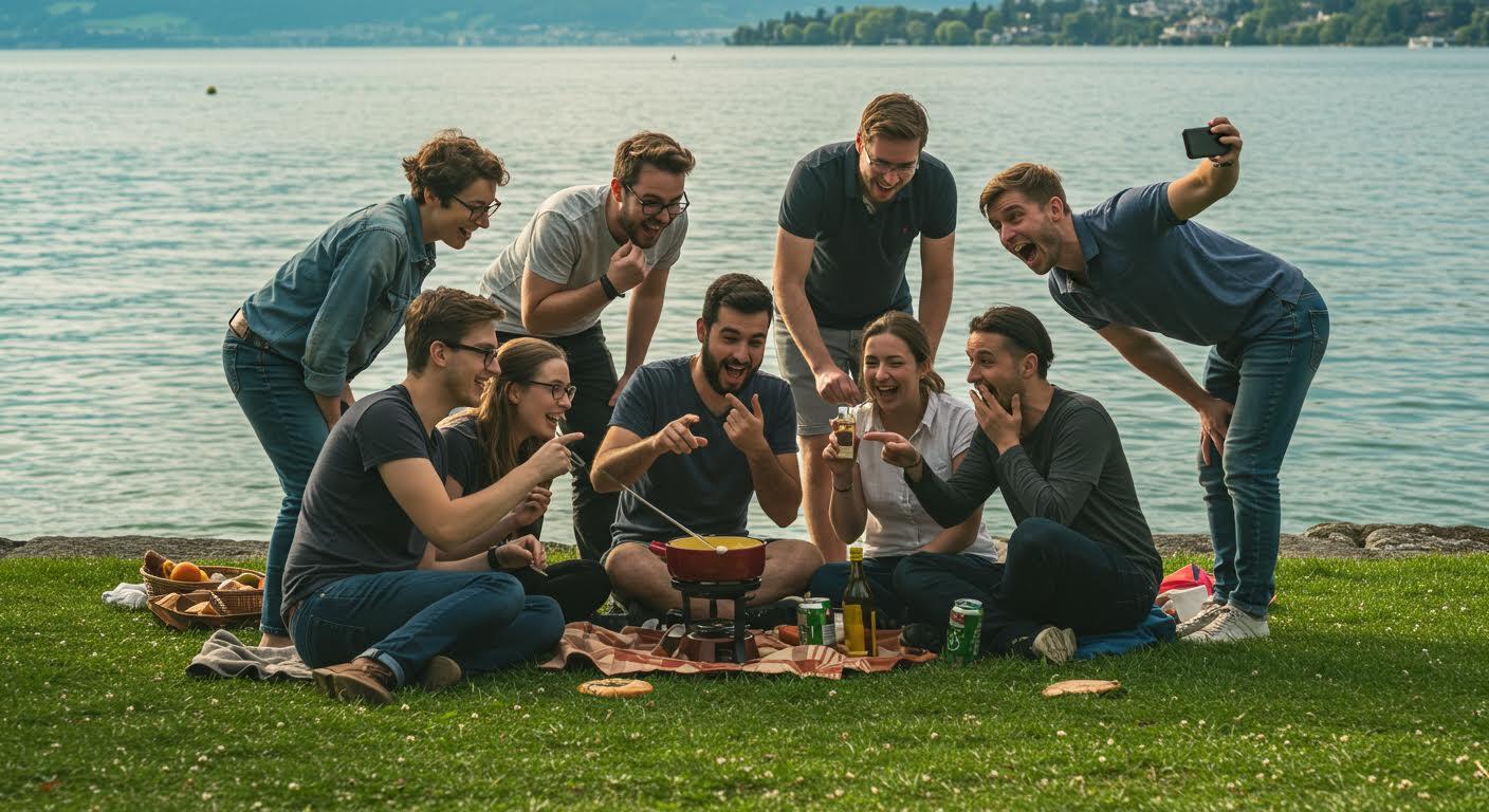 Groupe d'amis partageant un pique-nique et riant au bord d'un lac.
