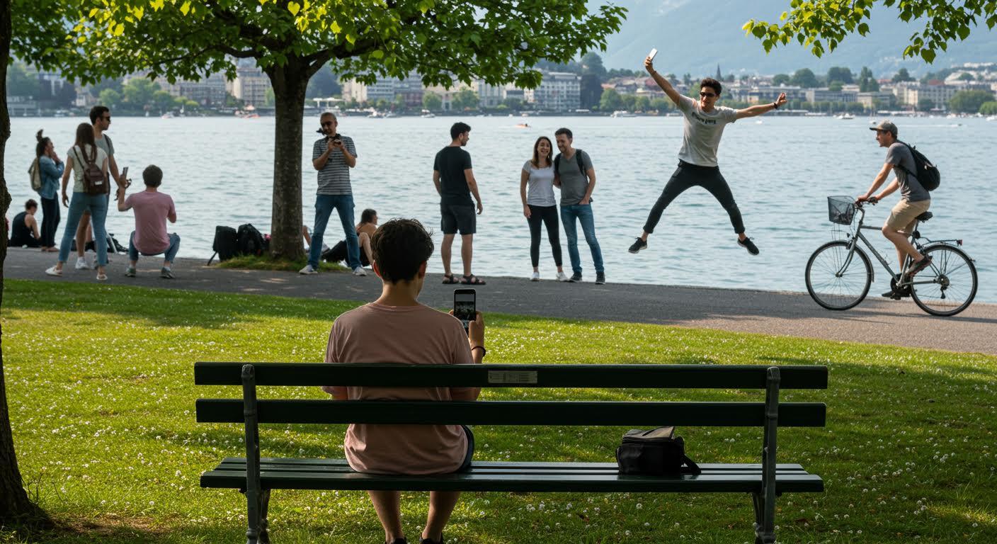 Homme assis sur un banc prenant en photo une personne sautant joyeusement au bord d'un lac.