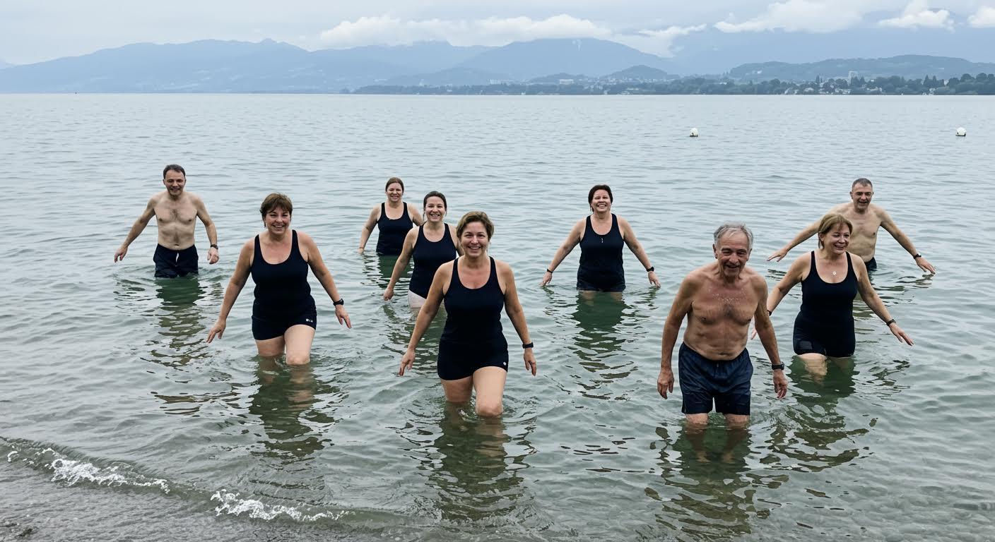 Groupe de personnes âgées souriantes marchant dans un lac avec des montagnes à l'arrière-plan.
