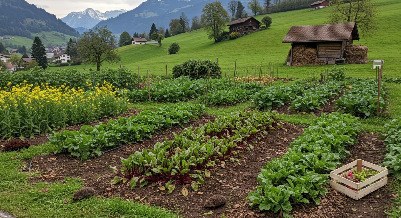Jardin potager diversifié en montagne, avec légumes verts, blette rouge et moutarde.