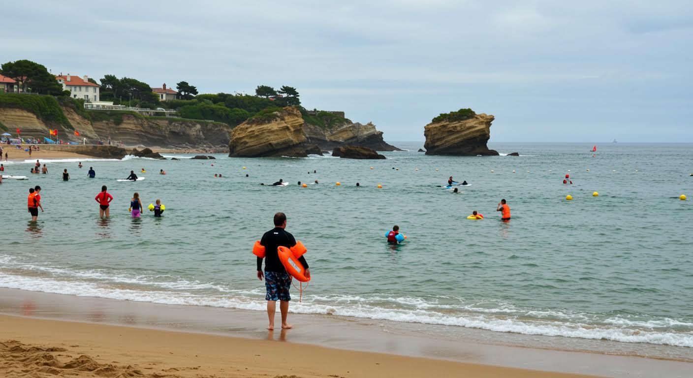 Plage animée avec personnes nageant et un sauveteur surveillant, falaises et maisons au fond.