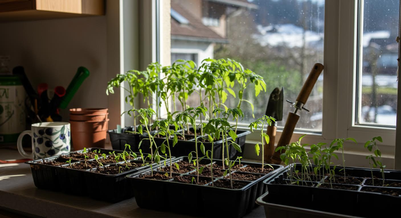 Jeunes plants de tomates poussant sur un rebord de fenêtre ensoleillé.