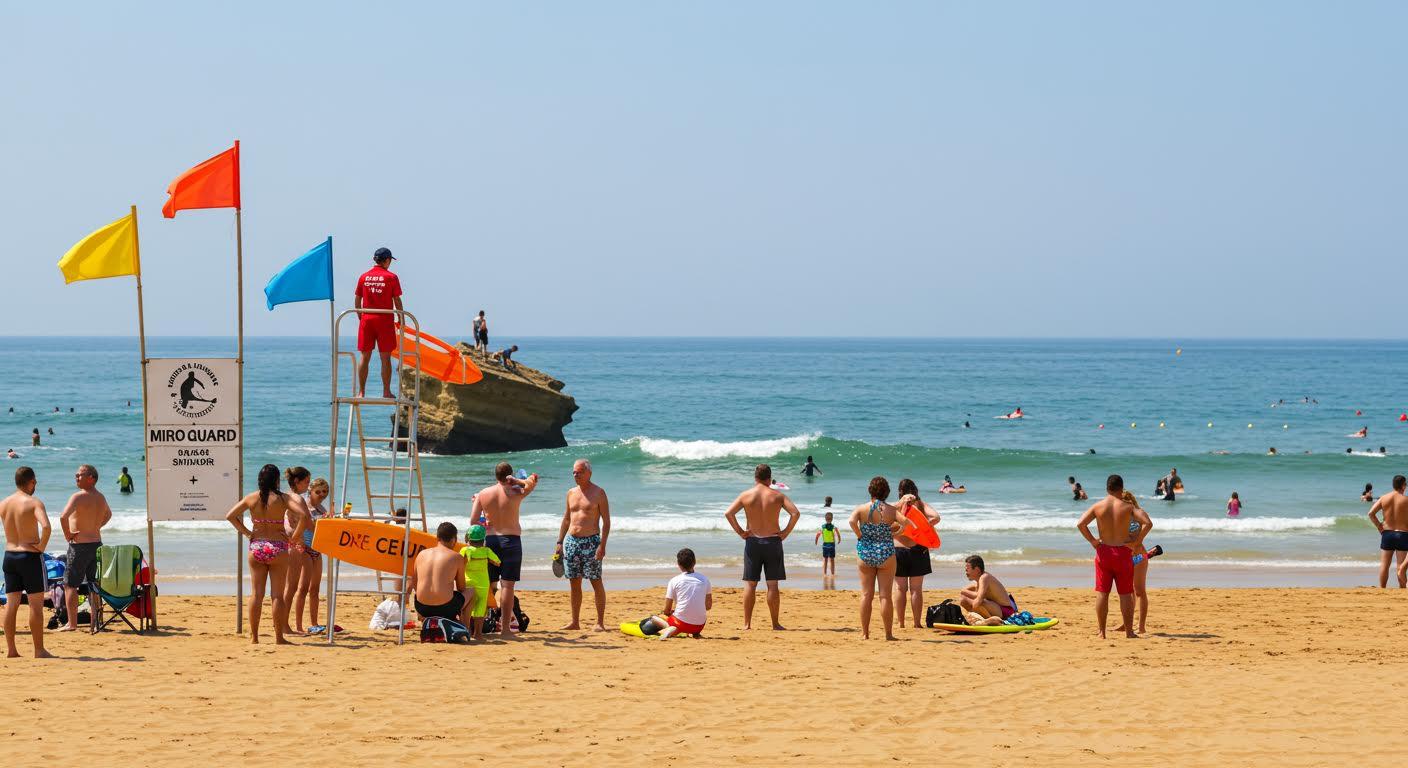 Sauveteur surveillant une plage bondée, drapeaux indiquant les zones de baignade sûres.
