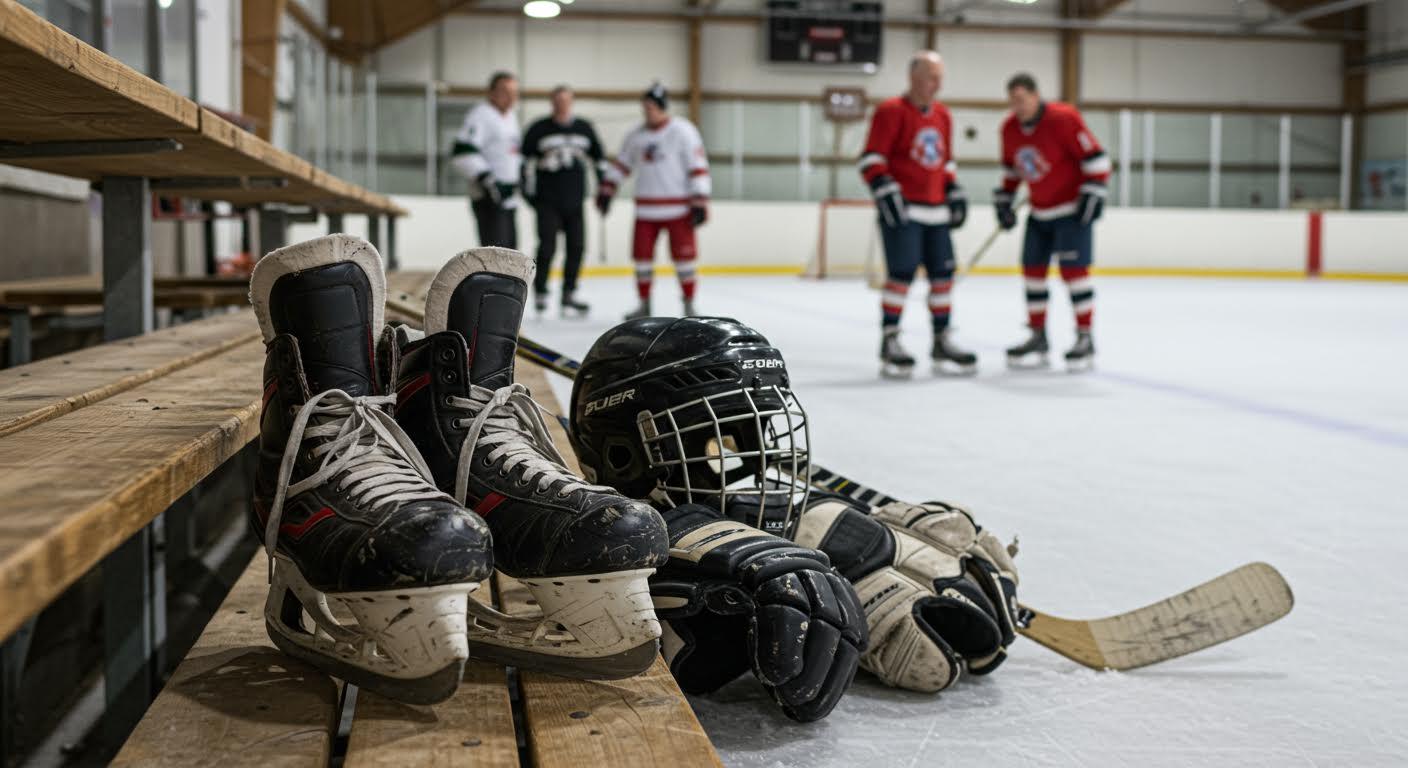 Équipement de hockey sur glace au premier plan avec joueurs en discussion en arrière-plan.