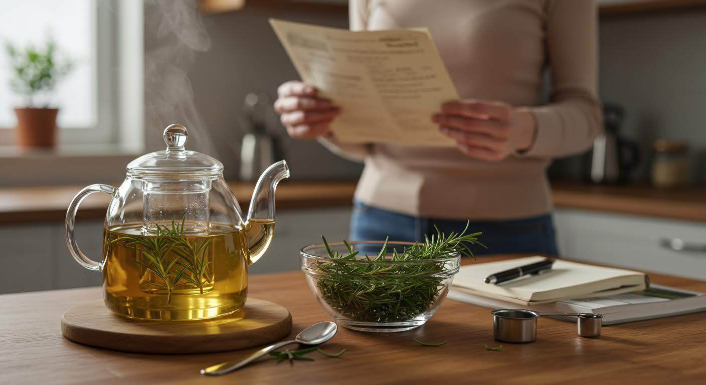 Préparation d'une infusion de romarin avec une théière en verre à côté d'une recette.
