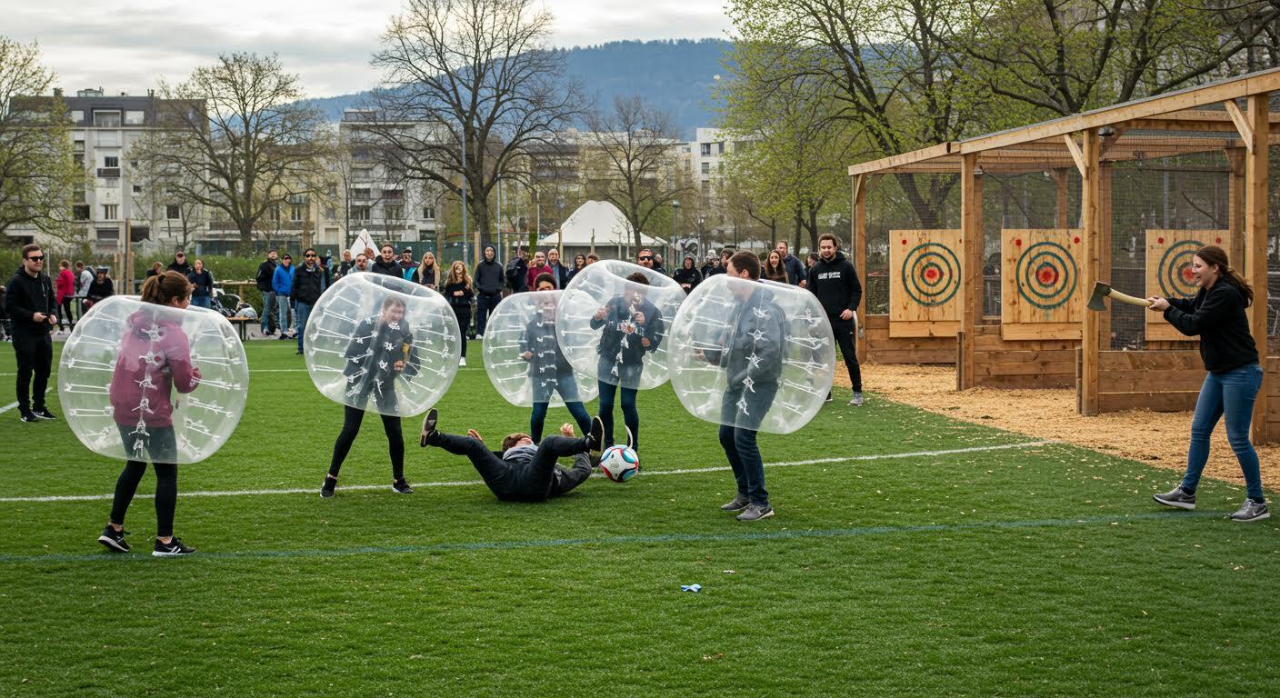Personnes jouant au bubble football sur un terrain en herbe, avec spectateurs en arrière-plan.