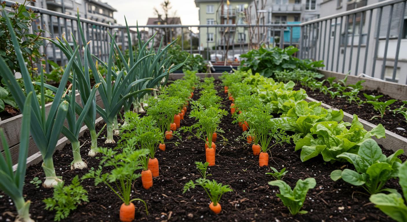 Jardin urbain avec rangées de carottes, laitues et oignons en terrasse.