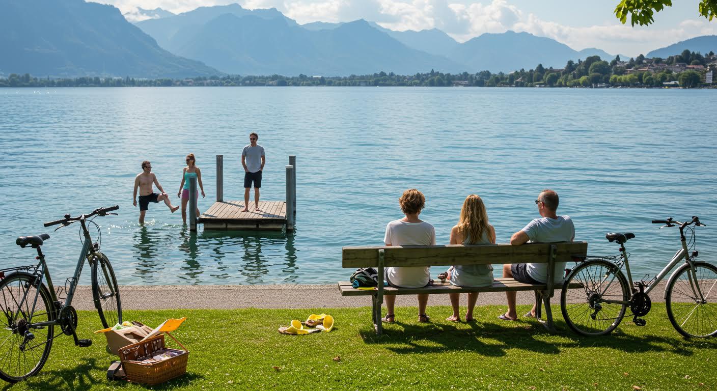 Groupe d'amis profitant d'une journée ensoleillée au bord d'un lac, certains assis, d'autres sur un ponton.