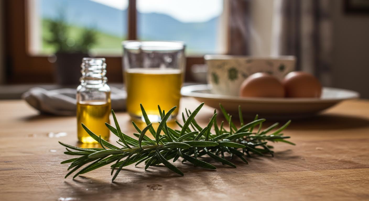 Brin de romarin en avant-plan avec huile d'olive et œufs sur table de cuisine.