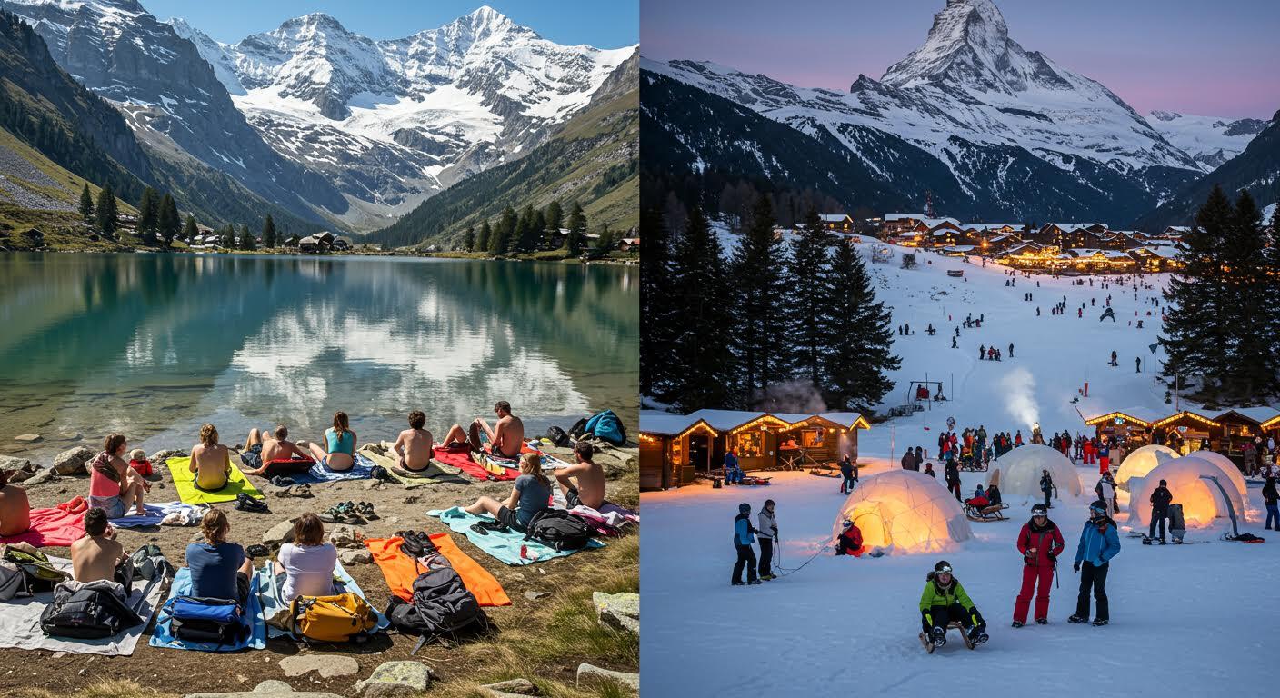 Activités de loisirs en montagne : détente en été près d'un lac et ski en hiver avec village illuminé.