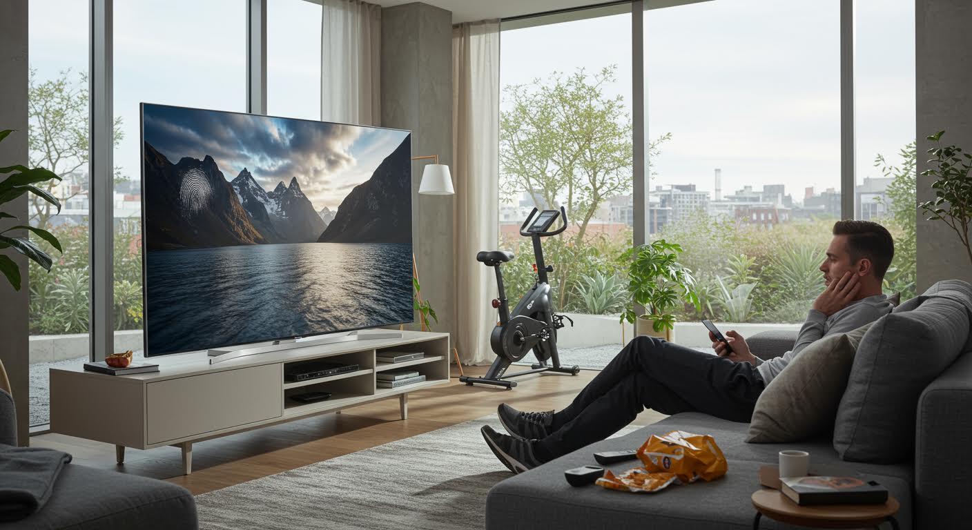 Homme regardant un grand écran TV dans un salon moderne avec vue sur la ville.