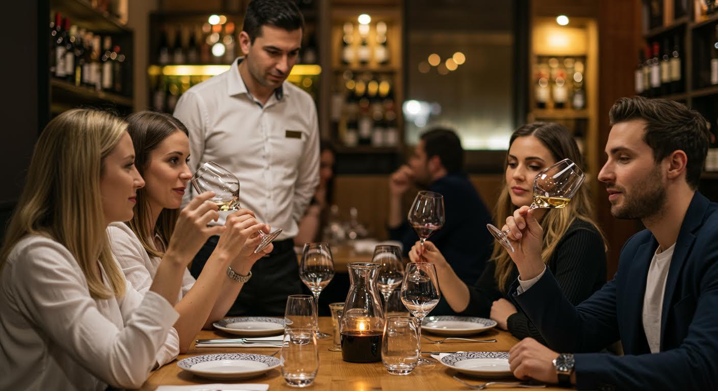 Groupe d'amis dégustant du vin dans un restaurant élégant.