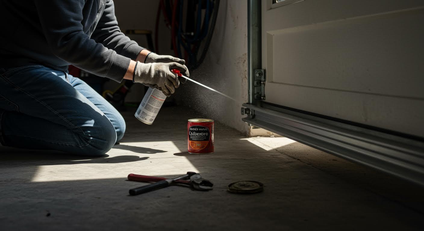 Personne appliquant un produit d'étanchéité sur le bord d'un garage.