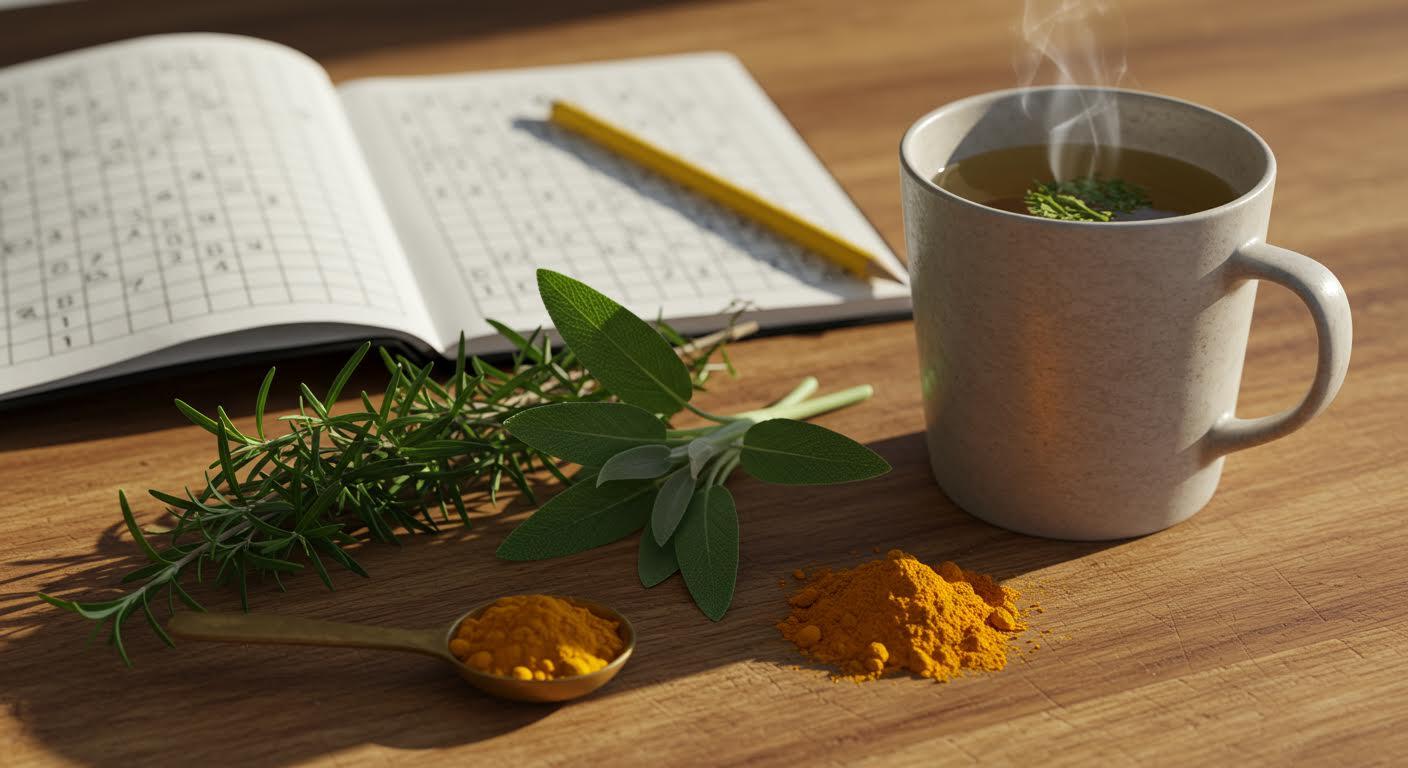 Tasse de thé aux herbes à côté d'un livre ouvert avec crayon, sauge et romarin sur table.