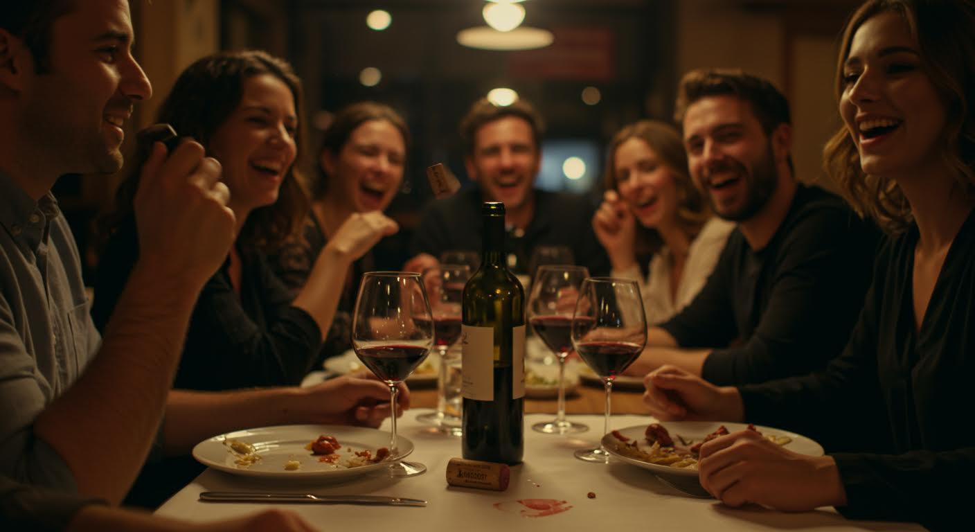 Groupe d'amis riant autour d'une table de dîner avec vin et plats italiens.
