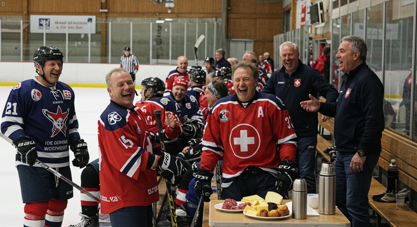 Joueurs de hockey sur glace riant ensemble après un match, avec un plateau de snacks sur la balustrade.