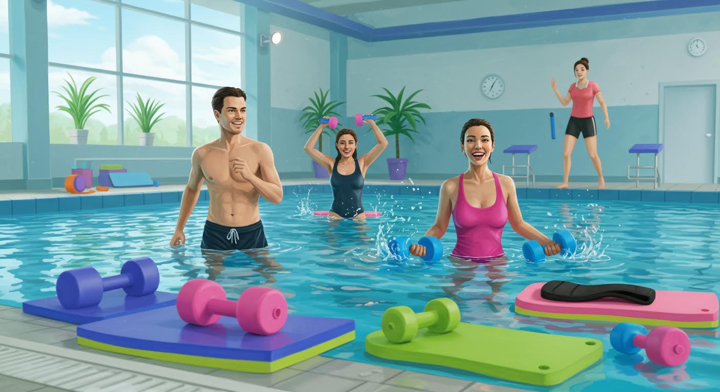 Groupe de personnes pratiquant l'aquagym avec des haltères dans une piscine intérieure.