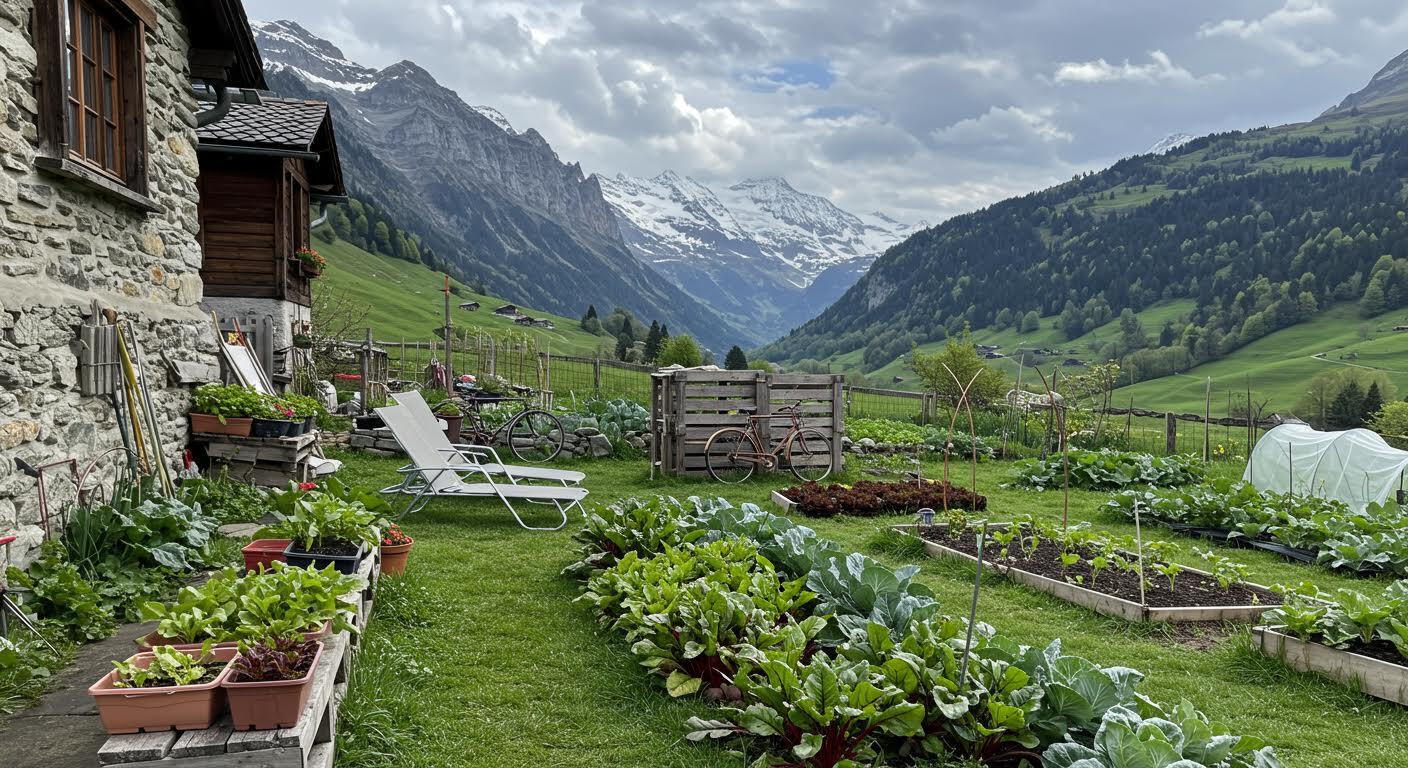 Jardin potager devant une maison en pierre avec vue sur les montagnes enneigées.