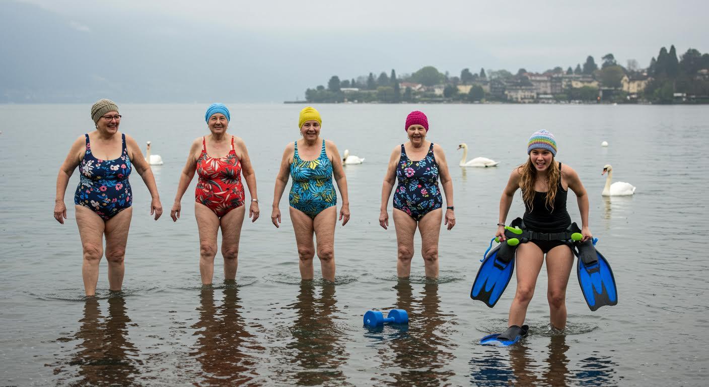 Groupe de cinq femmes âgées et une jeune fille en maillot de bain dans un lac, entourées de cygnes.