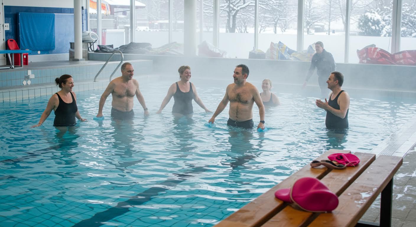 Groupe de personnes participant à une séance d'aquagym en piscine couverte.