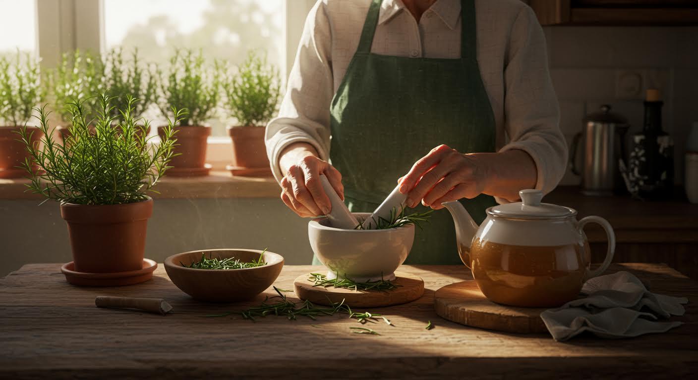 Personne préparant des herbes fraîches avec un mortier et un pilon sur un plan de travail en bois.