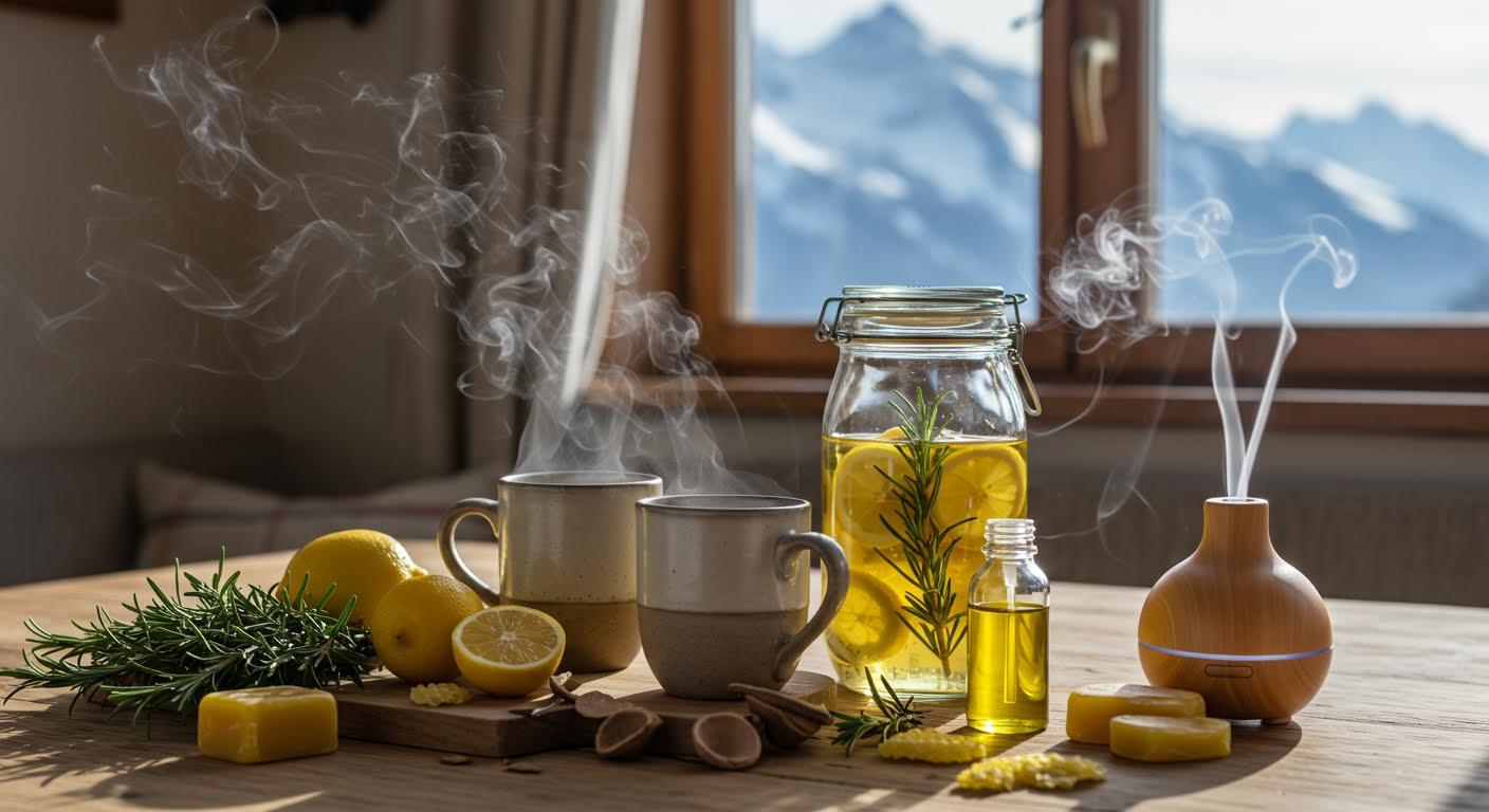Éléments de bien-être hivernal avec citrons, romarin, savons et diffuseur d'huiles essentielles.