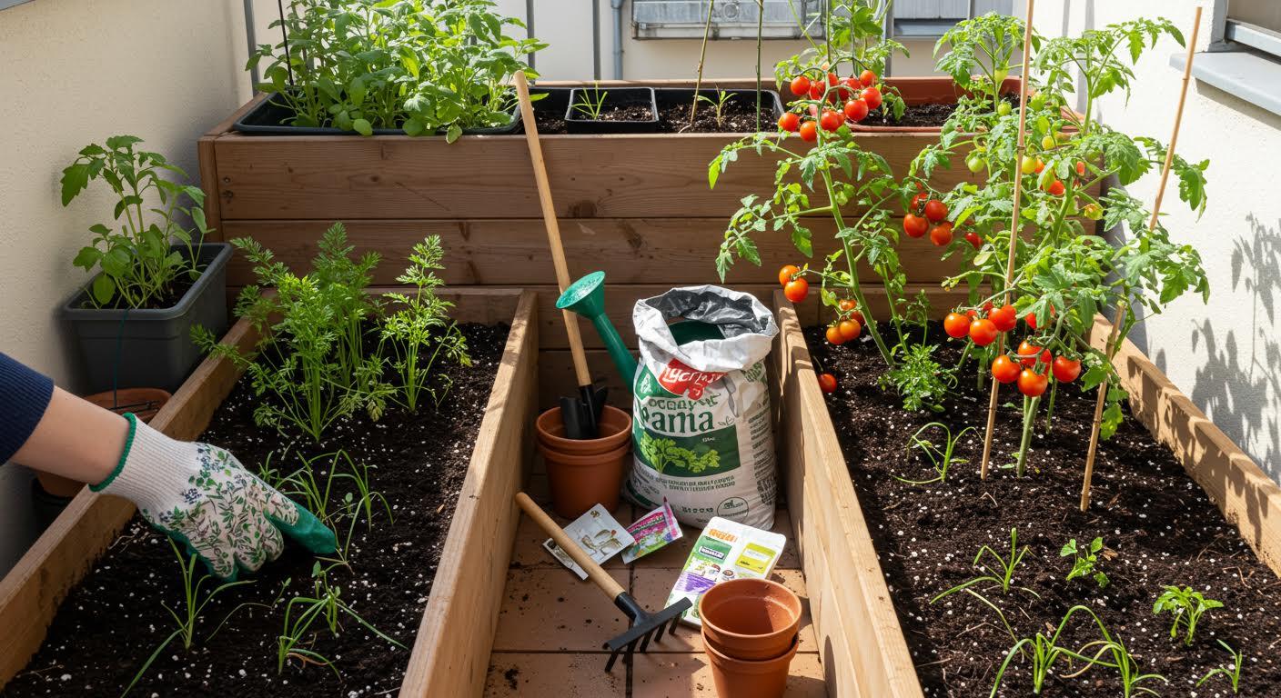 Personne entretenant un jardin sur balcon avec des tomates et diverses herbes.