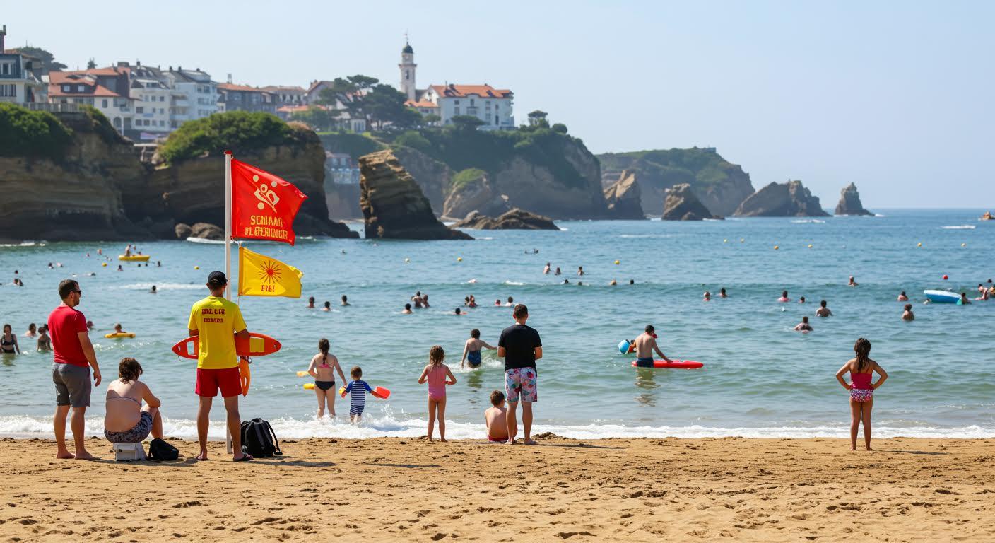 Plage bondée avec baigneurs, sauveteur surveillant et drapeau 