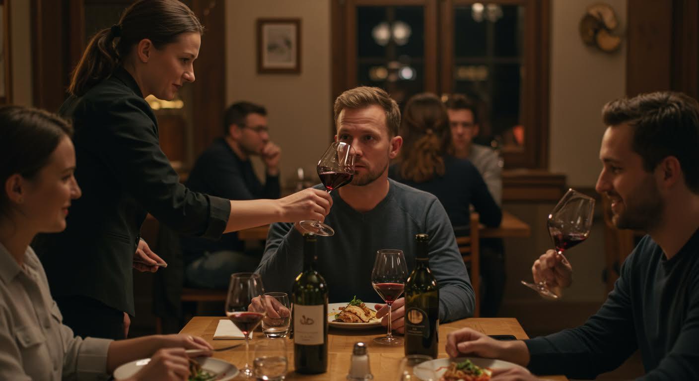 Serveuse versant du vin à un homme concentré dans un restaurant convivial.