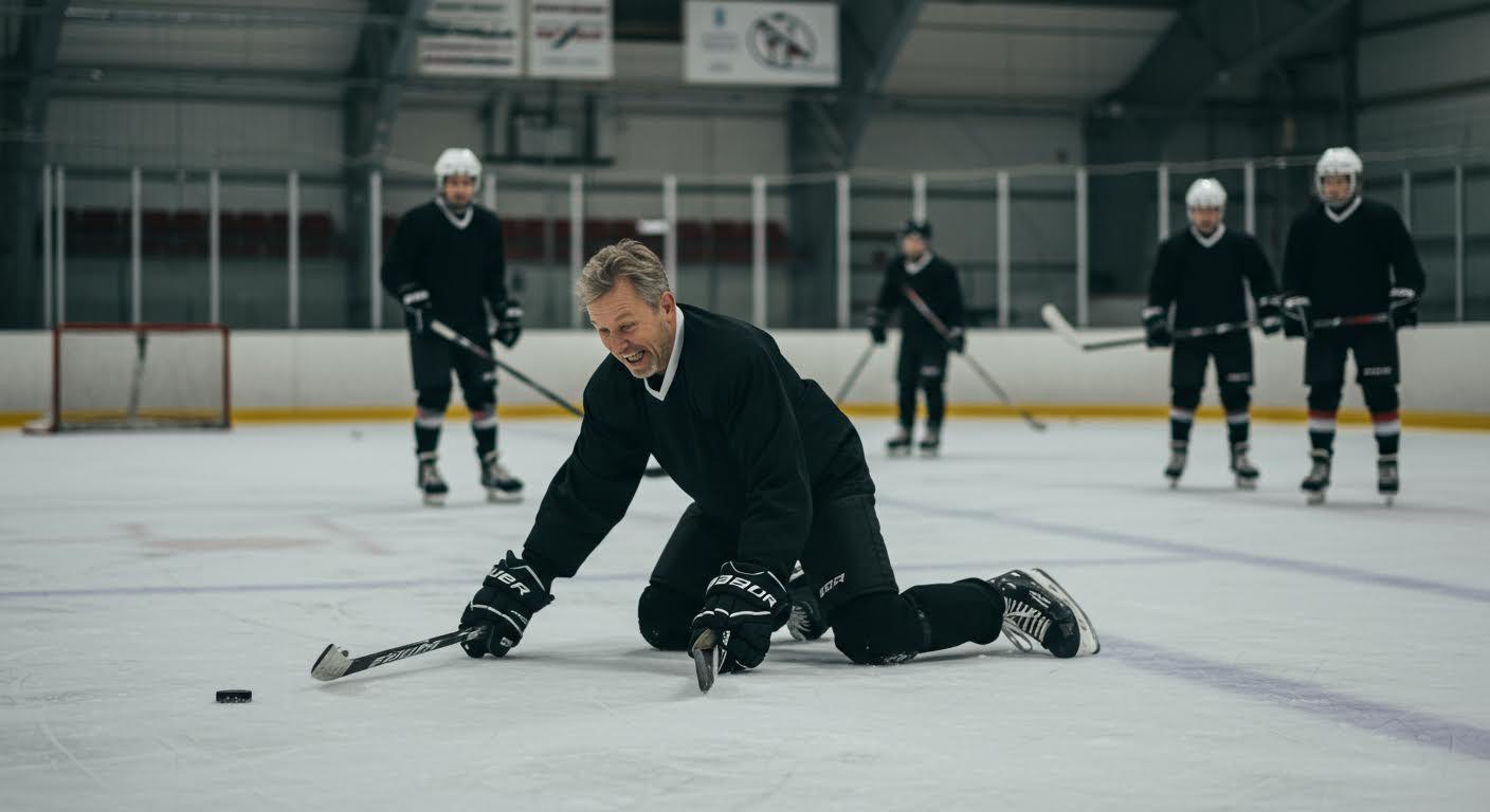 Homme s'exerçant au hockey sur glace en glissant vers un palet, accompagné de trois autres joueurs en arrière-plan.