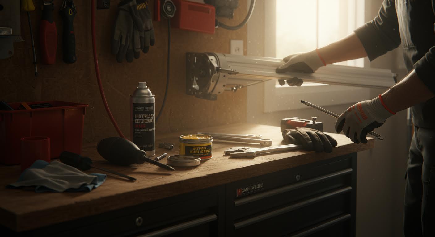 Personne en gants travaillant sur un établi avec outils et quincaillerie.