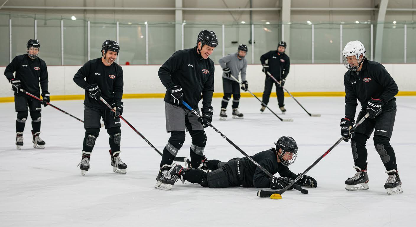 Joueur de hockey sur glace aidant un coéquipier tombé à se relever sur la glace.