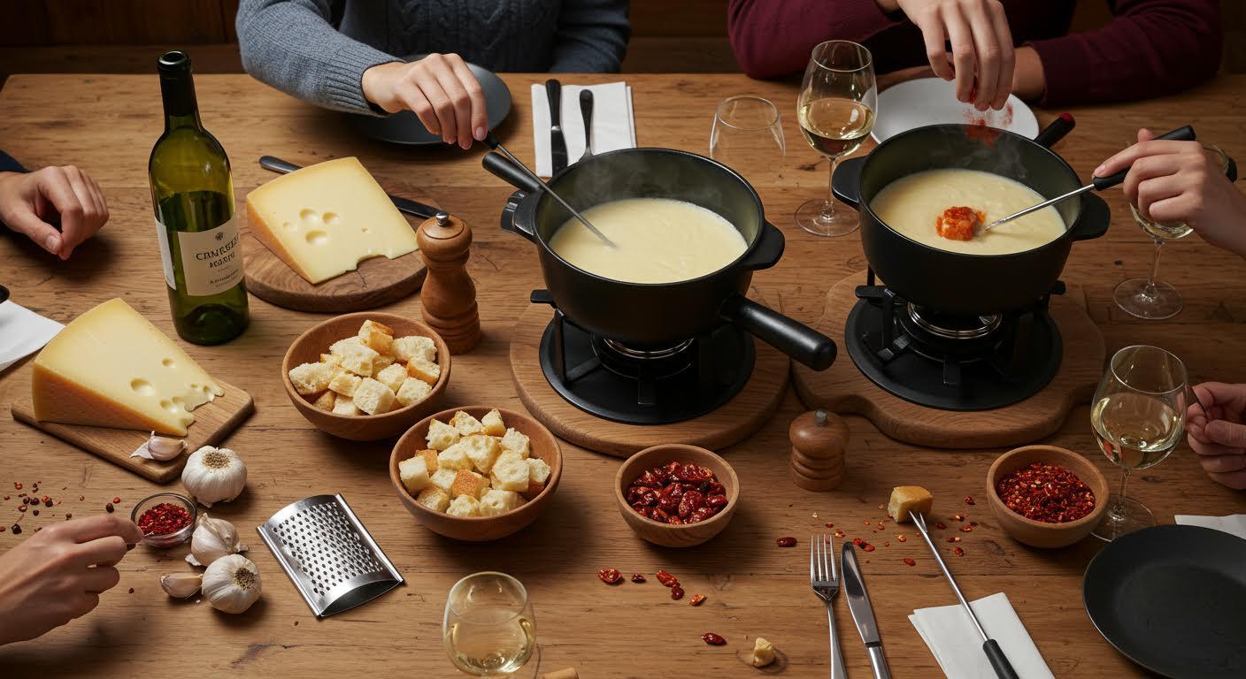 Dîner convivial autour d'une fondue au fromage, avec du vin blanc et divers accompagnements.