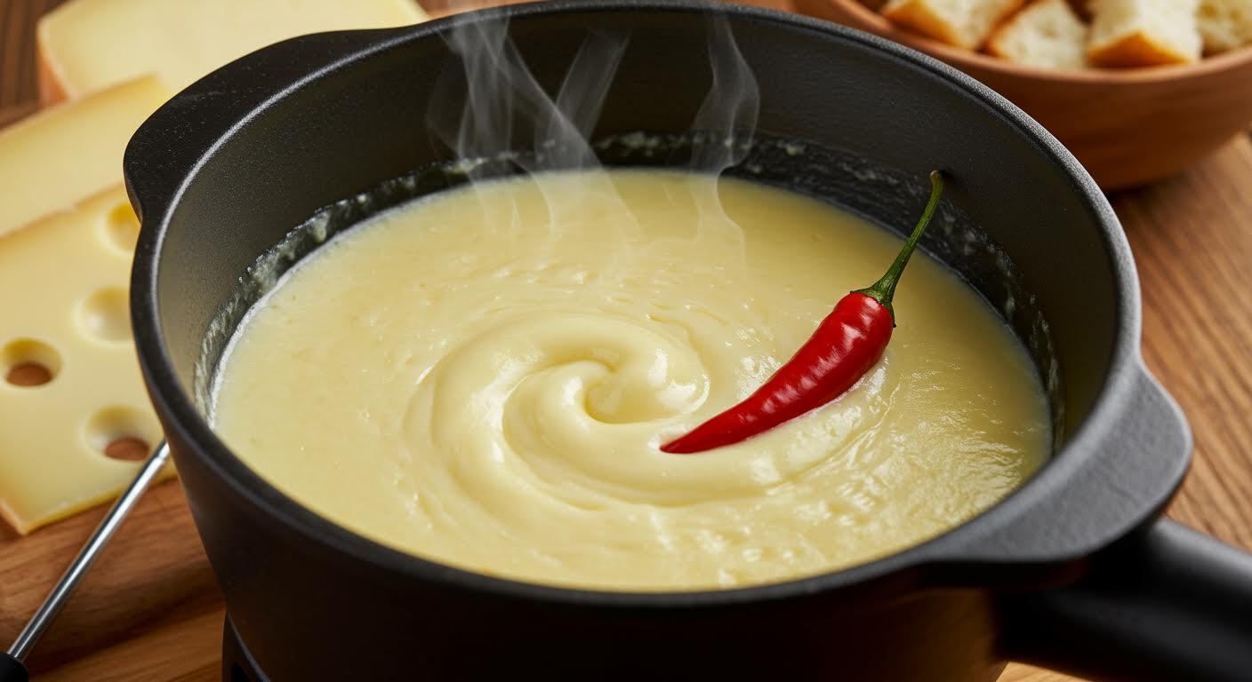 Fondue au fromage onctueuse avec un piment rouge dans une casserole noire.