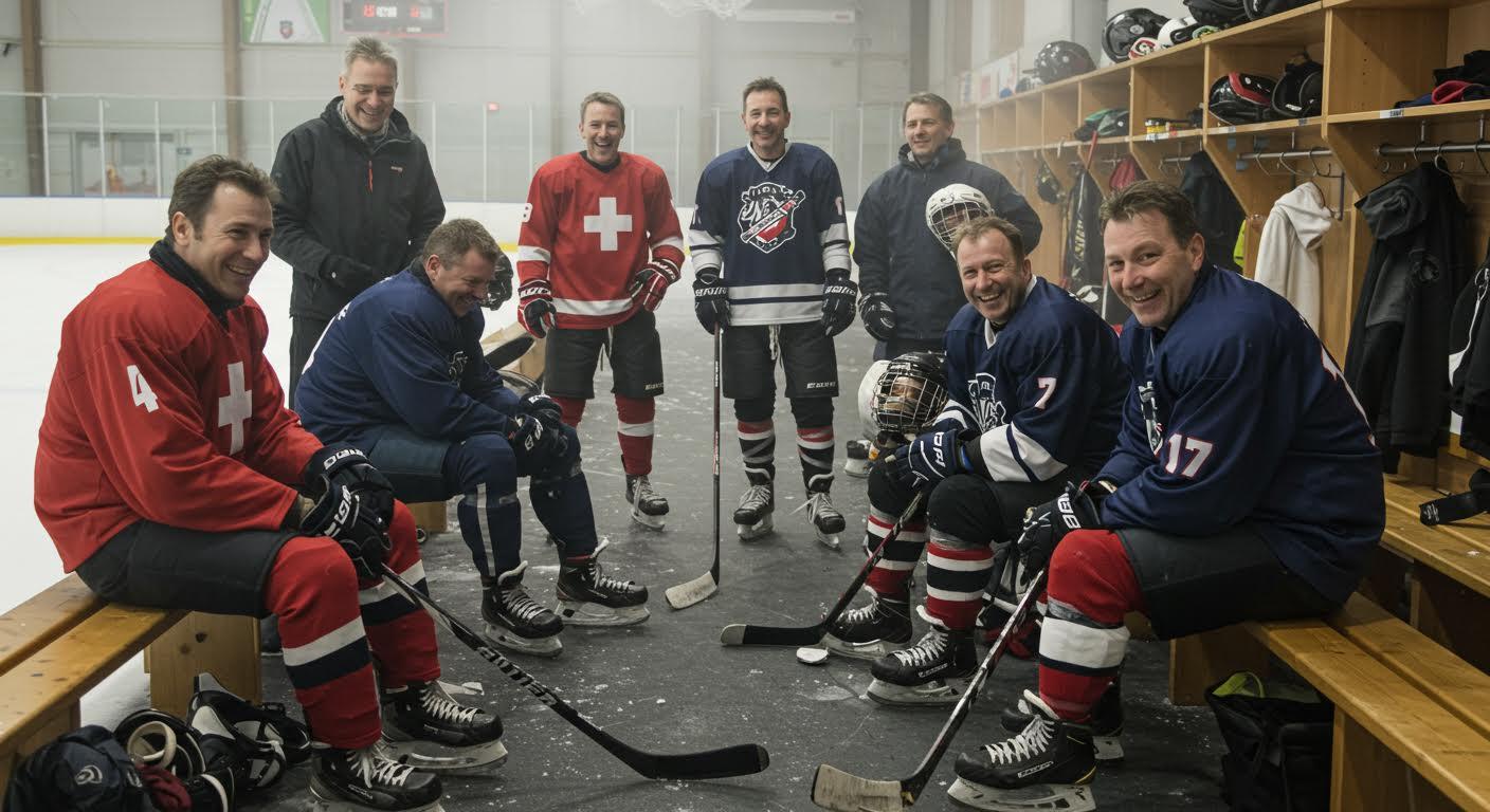 Groupe d'hommes souriants en tenues de hockey dans un vestiaire.