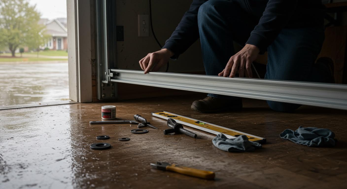 Installation d'un seuil de porte par une personne, outillage divers éparpillé autour.