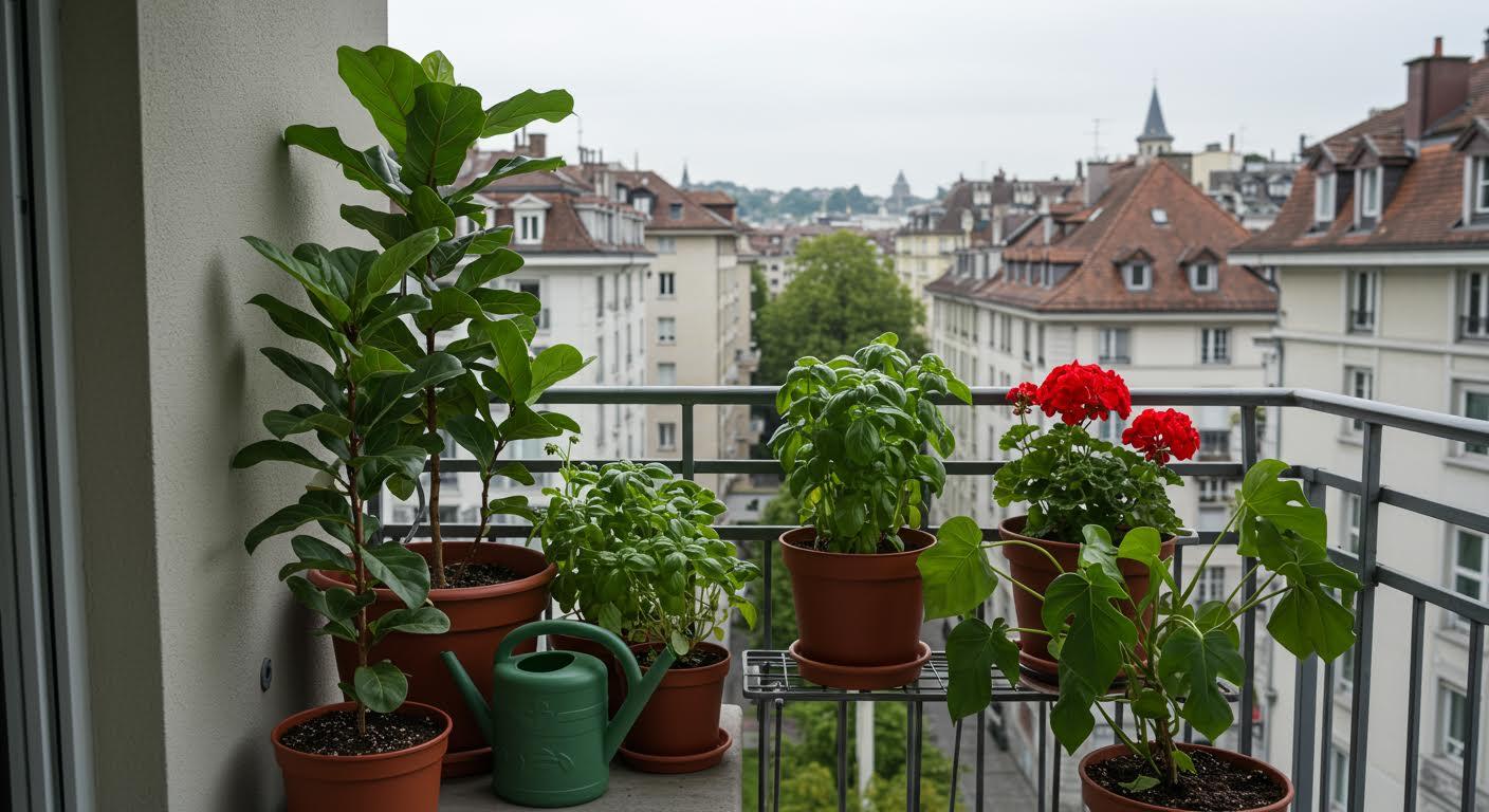 Balcon urbain avec diverses plantes en pots et vue sur les toits de la ville.