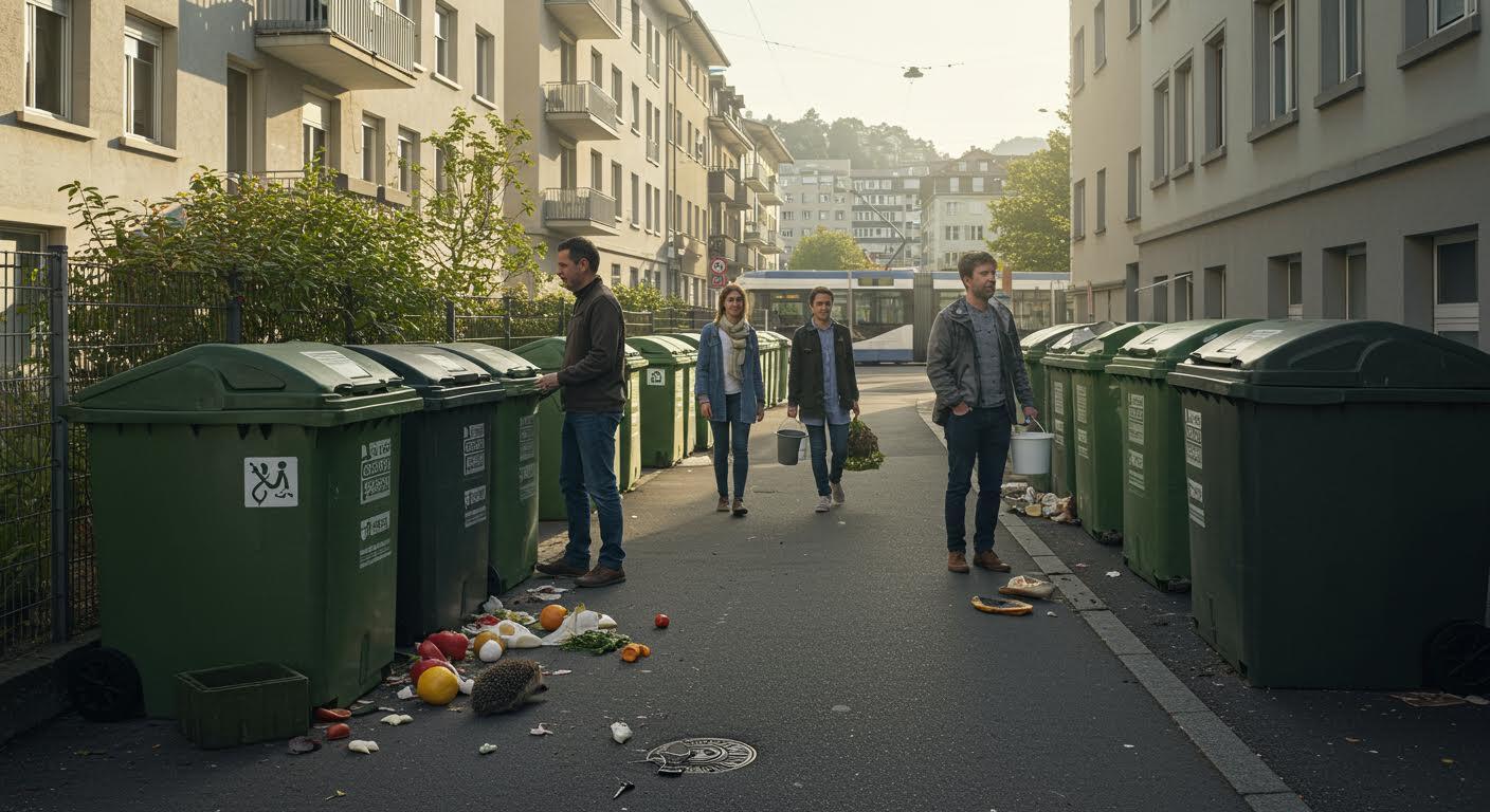 Quatre personnes passent à côté de poubelles débordantes de déchets sur un trottoir.