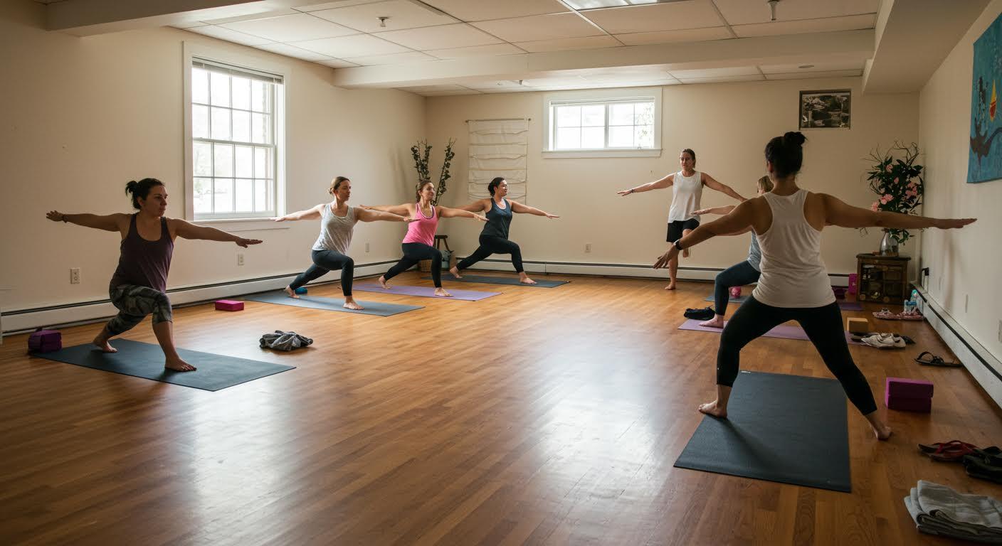 Groupe de femmes pratiquant una posture de yoga en salle sous la direction d'une instructrice.