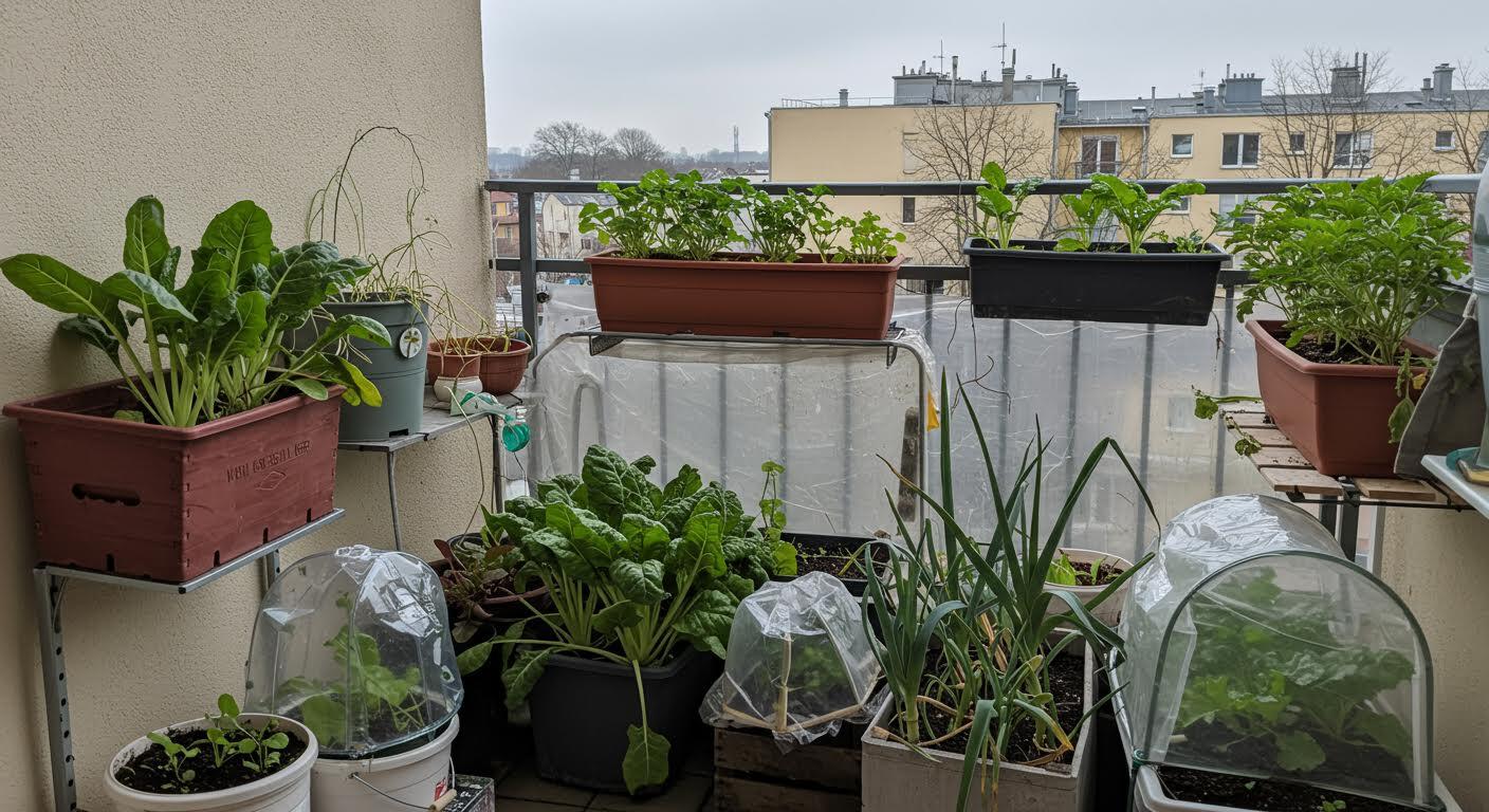 Jardin urbain de balcon avec diverses plantes et légumes en pots.