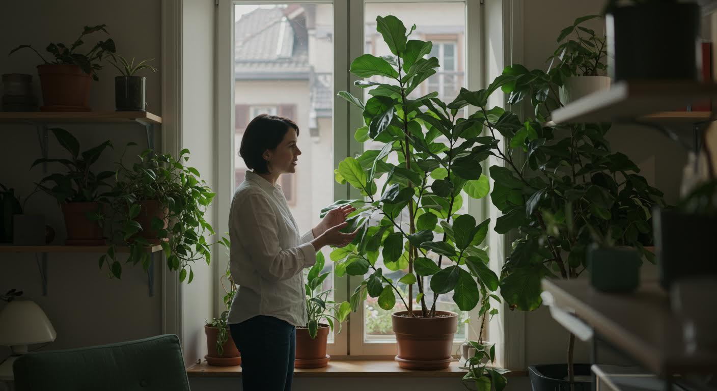 Femme examinant attentivement les feuilles d'un grand ficus à côté d'une fenêtre.