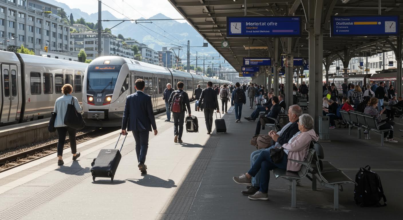 Passagers marchant et assis sur un quai de gare, train en arrêt.