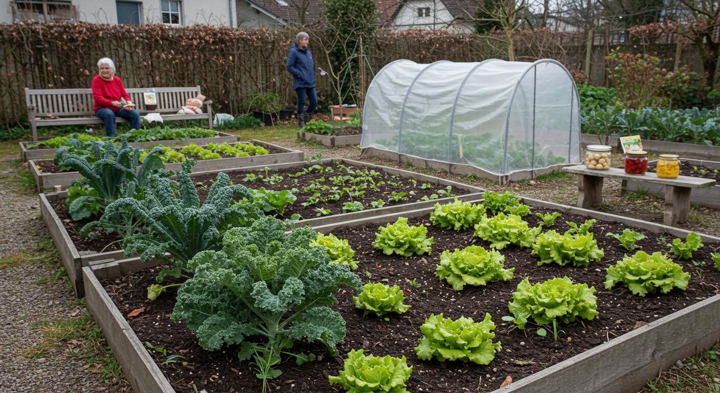 Deux personnes âgées soignant leur potager avec des choux et salades, serre en arrière-plan.