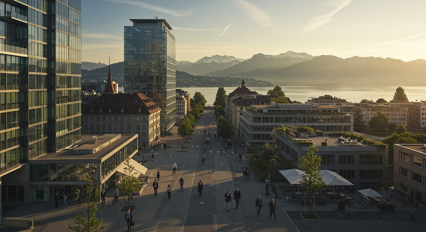 Vue aérienne d'un centre-ville moderne près d'un lac, avec montagnes en arrière-plan au coucher du soleil.