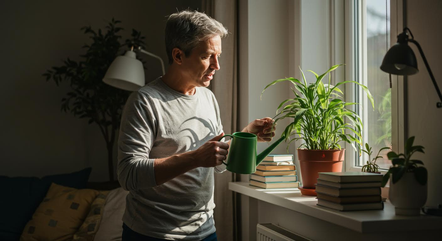 Homme d'âge moyen arrosant des plantes d'intérieur près d'une fenêtre ensoleillée.